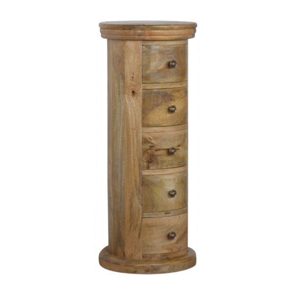 Solid Mango Wood Oak Finished Five Drawer Round Chest - Image 2