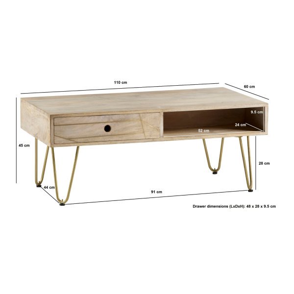 Light Gold Rectangular Coffee Table with Drawer - Image 4