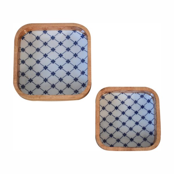 Solid Mango Wood Oak Finished Set of 2 Blue and White Square Bowls - Image 3