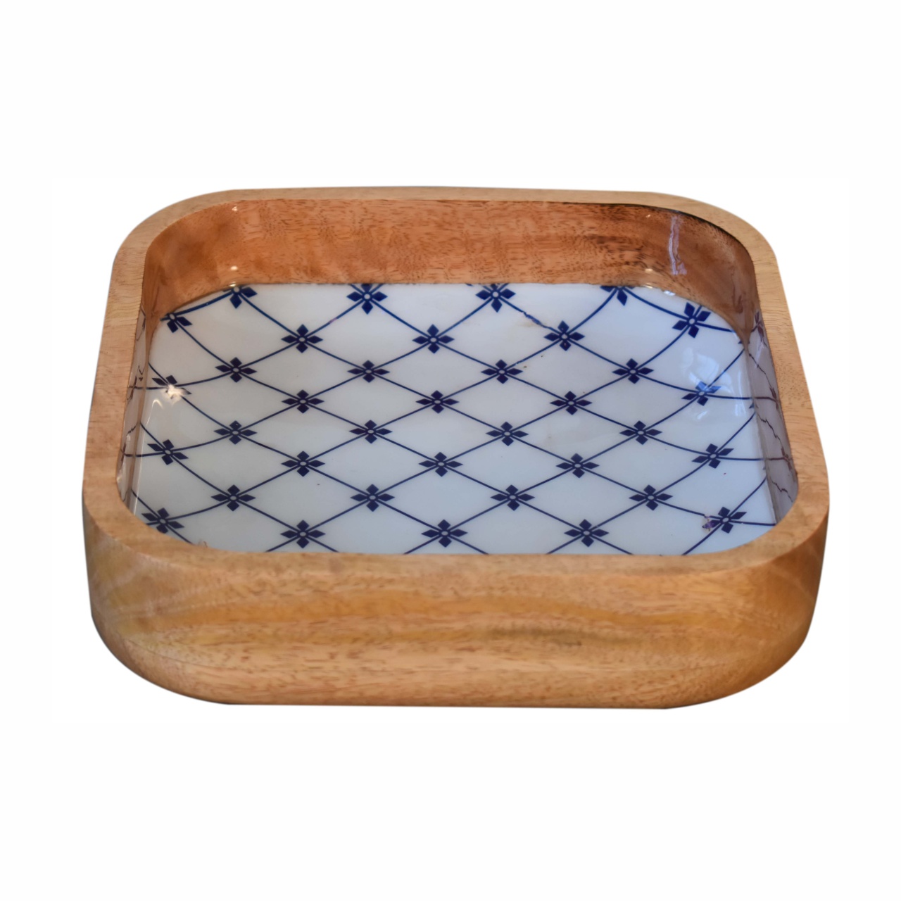 Solid Mango Wood Oak Finished Set of 2 Blue and White Square Bowls - Image 4