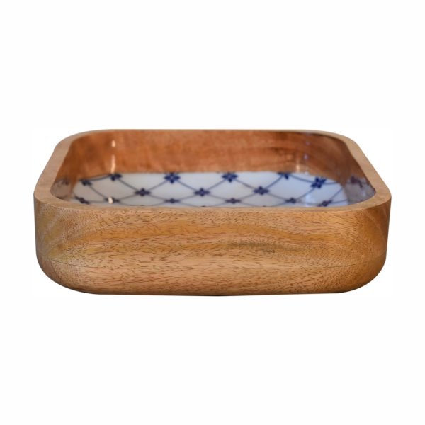 Solid Mango Wood Oak Finished Set of 2 Blue and White Square Bowls - Image 5