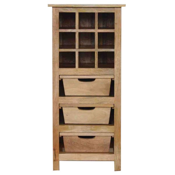 Solid Mango Wood Oak Finished 9 Bottle Wine Cabinet with 3 Drawer Storage