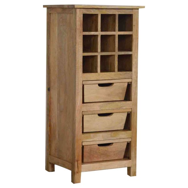 Solid Mango Wood Oak Finished 9 Bottle Wine Cabinet with 3 Drawer Storage - Image 7