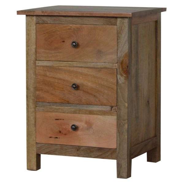 Solid Mango Wood Oak Finished 3 Drawer Country Style Bedside - Image 2