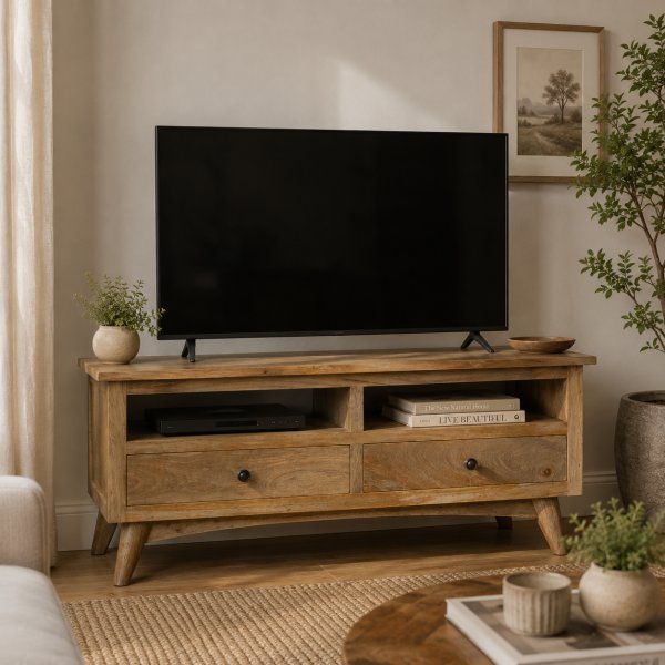 Solid Mango Wood Oak Finished 2 Drawer Media Unit