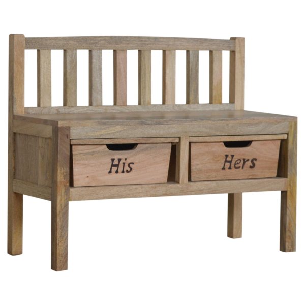 Solid Mango Wood Oak Finished His & Hers Carved Storage Bench - Image 2