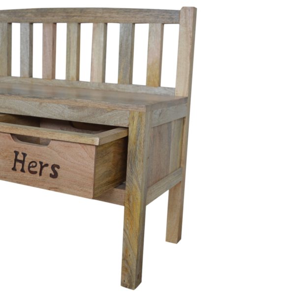 Solid Mango Wood Oak Finished His & Hers Carved Storage Bench - Image 10