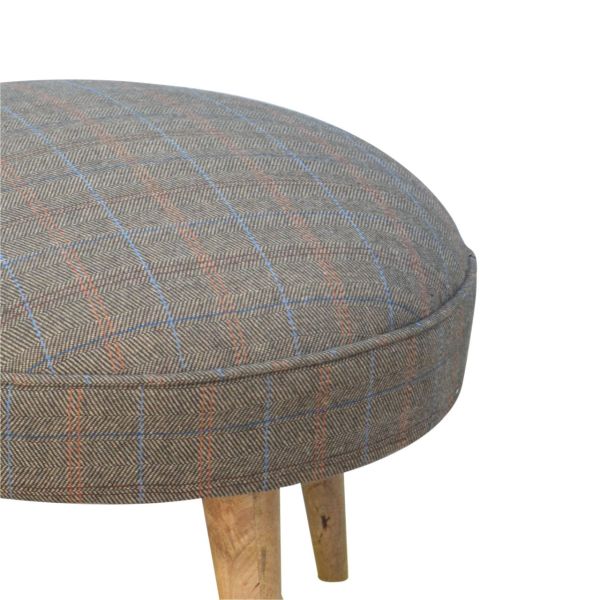Solid Mango Wood Oak Finished Multi Tweed Upholstered Nordic Style Footstool - Image 6