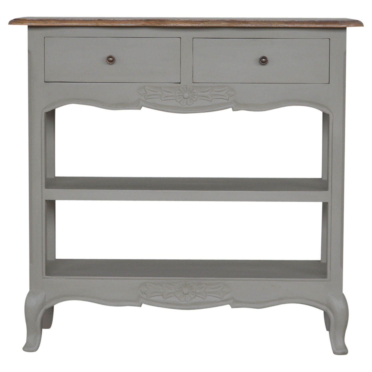 Solid Mango Wood Oak & Hand Painted Grey 2 Drawer French Style Console Table