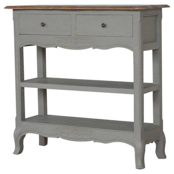 Solid Mango Wood Oak & Hand Painted Grey 2 Drawer French Style Console Table - Image 2