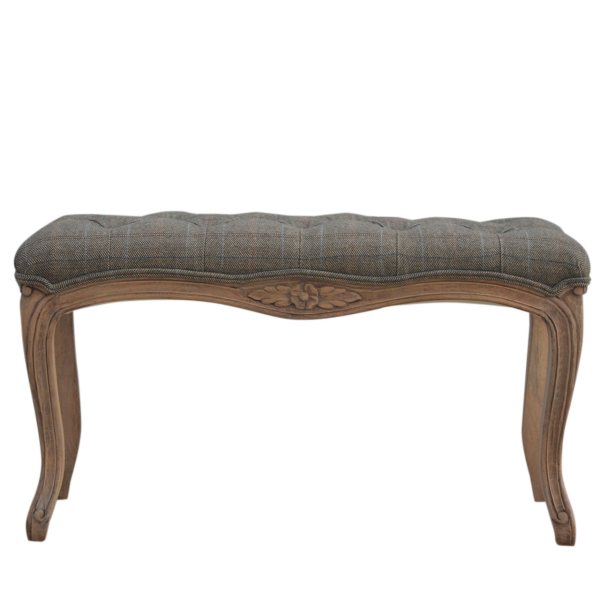 Solid Mango Wood Bleached Finished Multi Tweed Upholstered Carved Bedroom Bench