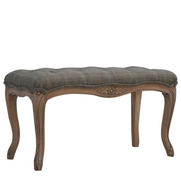 Solid Mango Wood Bleached Finished Multi Tweed Upholstered Carved Bedroom Bench - Image 2