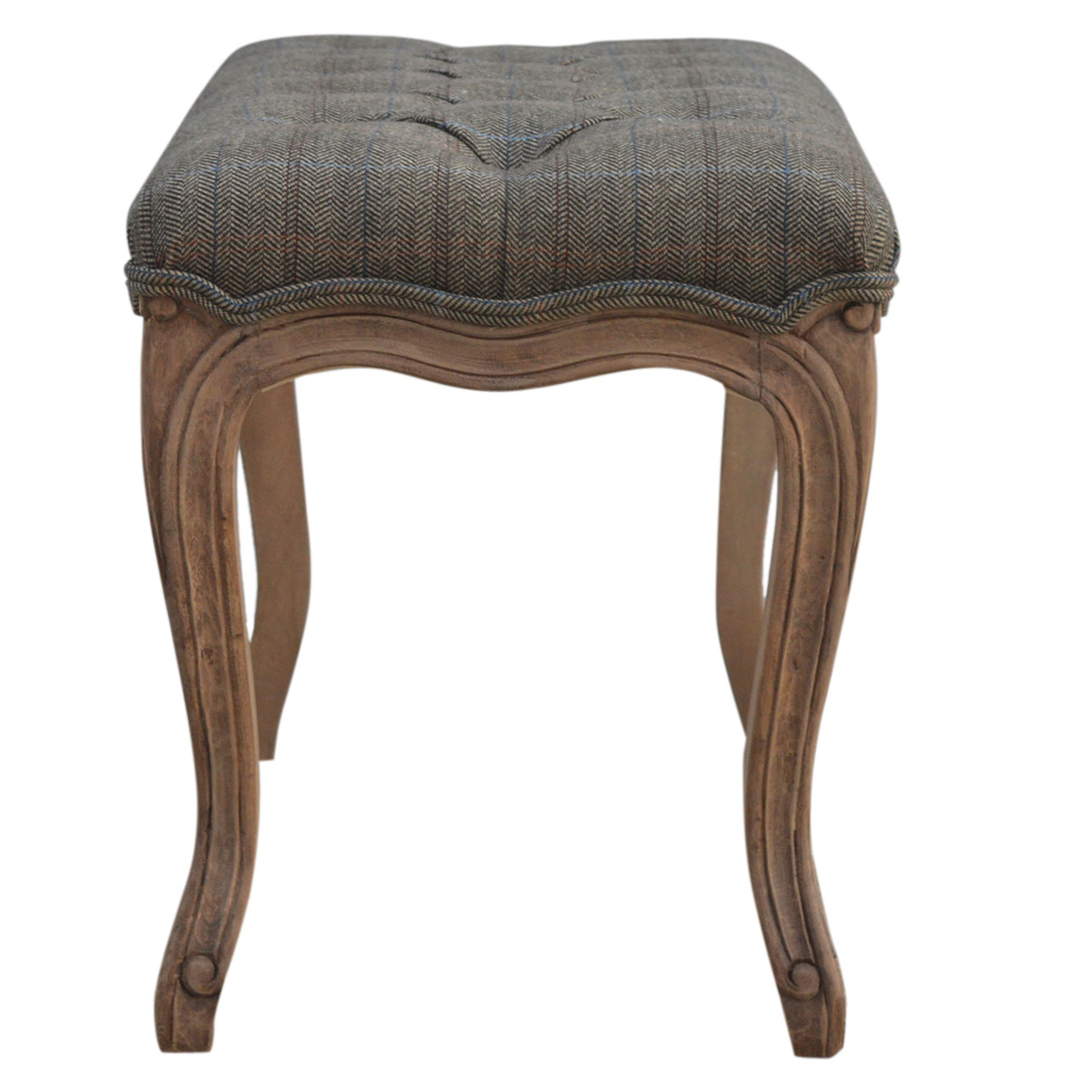 Solid Mango Wood Bleached Finished Multi Tweed Upholstered Carved Bedroom Bench - Image 8