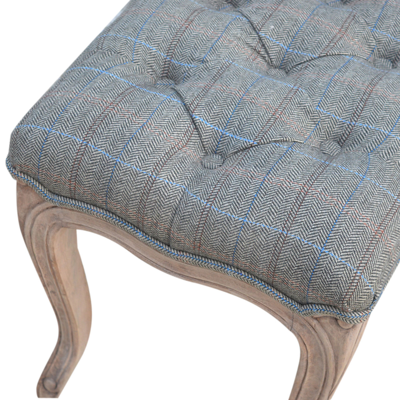 Solid Mango Wood Bleached Finished Multi Tweed Upholstered Carved Bedroom Bench - Image 7
