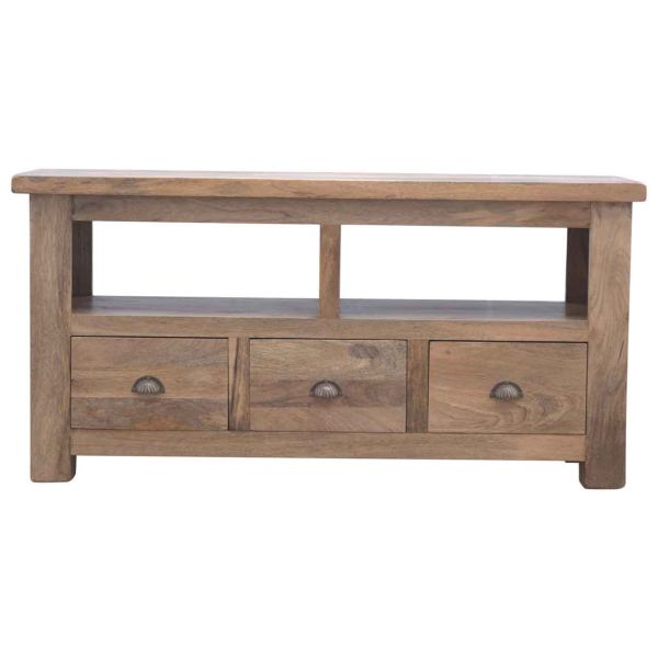 Solid Mango Wood Oak Finished Open Slot 3 Drawer Media Unit