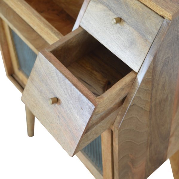 Solid Mango Wood Oak Finished 3 Drawer 2 Glass Front Doors Bedside - Image 4