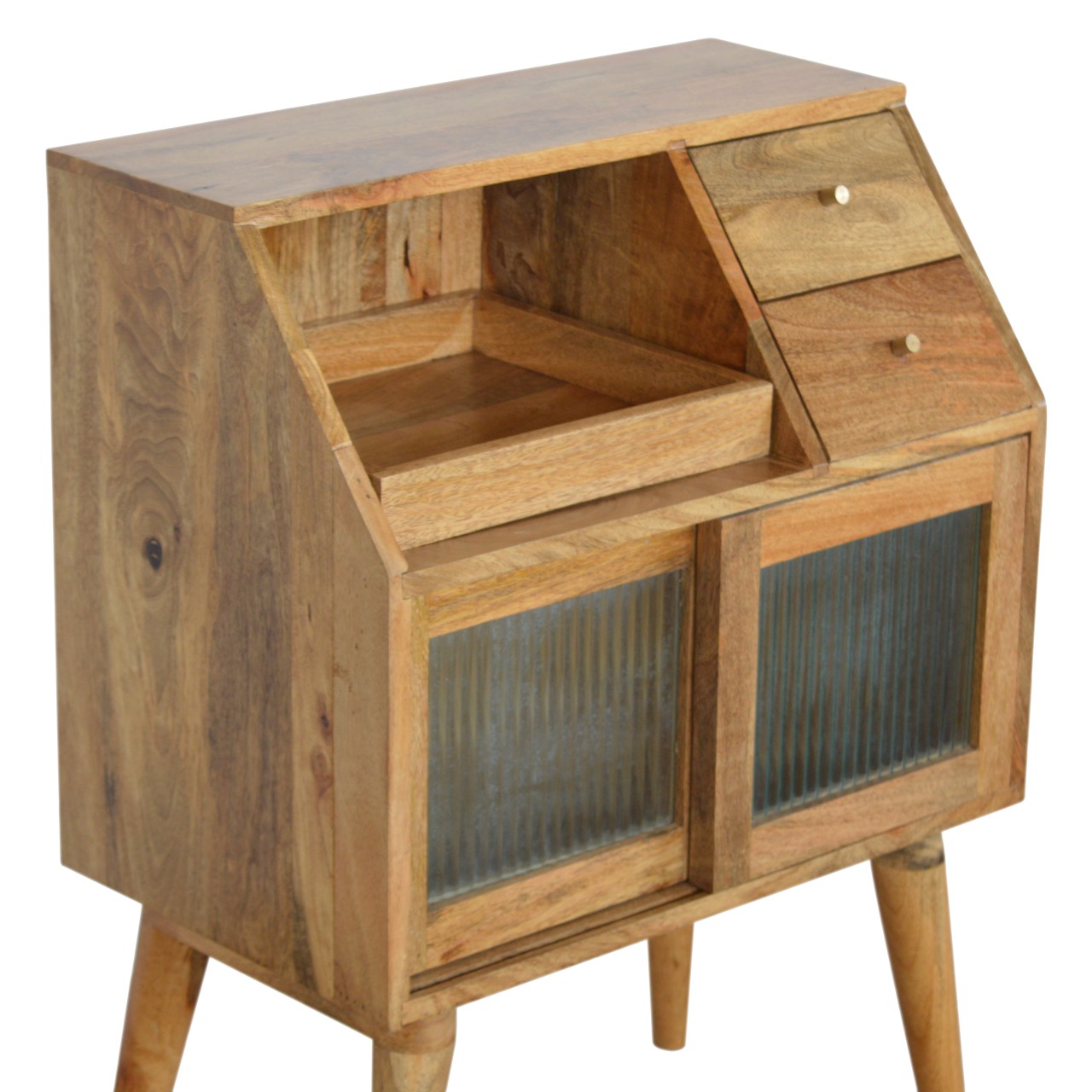 Solid Mango Wood Oak Finished 3 Drawer 2 Glass Front Doors Bedside - Image 7