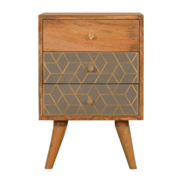 Solid Mango Wood Oak Finished 3 Drawer Dice Pattern Bedside