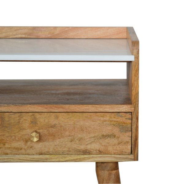Solid Mango Wood Oak Finished 1 Drawer Open Slot Bedside with White Top - Image 4