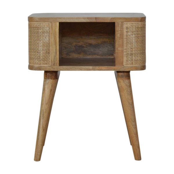 Solid Mango Wood Oak Finished Close-knit Rattan Open Slot Bedside