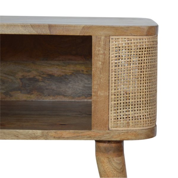 Solid Mango Wood Oak Finished Close-knit Rattan Open Slot Bedside - Image 4