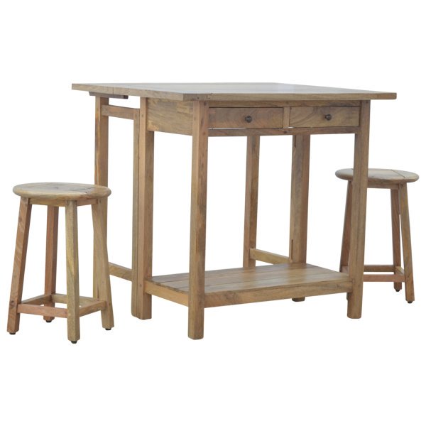 Solid Mango Wood Oak Finished 2 Drawer Breakfast Table With 2 Stools - Image 3