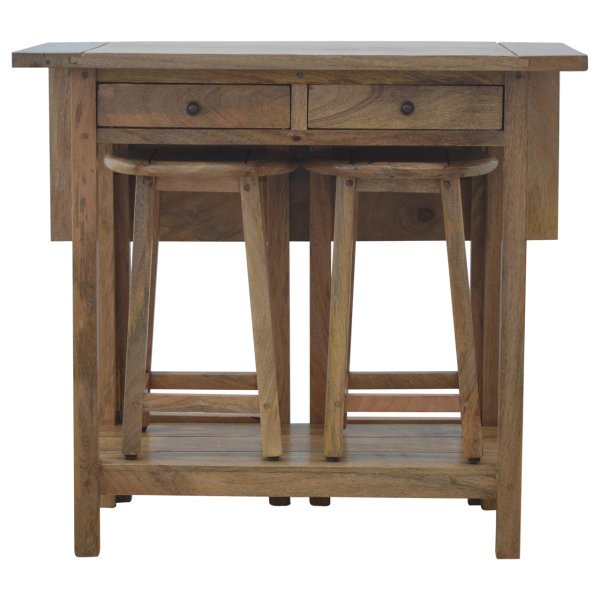 Solid Mango Wood Oak Finished 2 Drawer Breakfast Table With 2 Stools - Image 2
