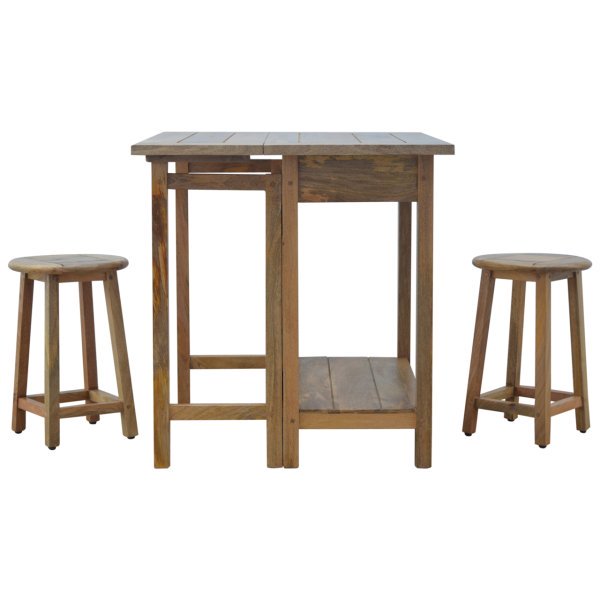 Solid Mango Wood Oak Finished 2 Drawer Breakfast Table With 2 Stools - Image 8