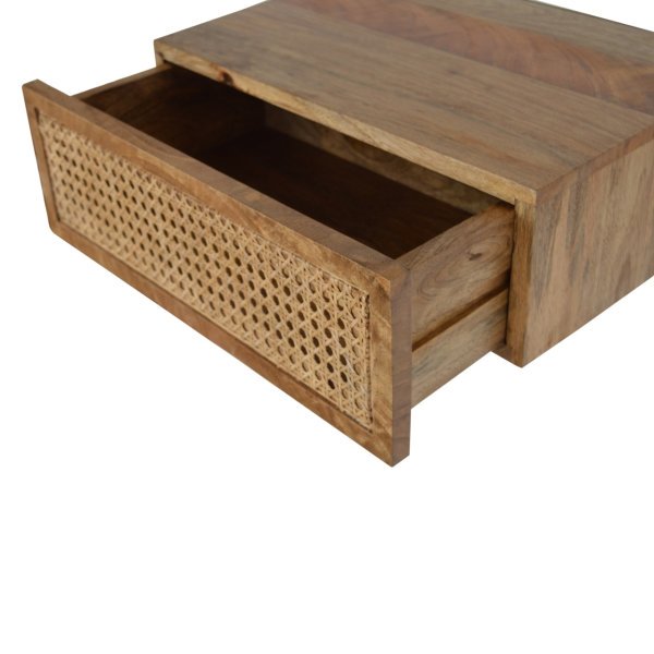 Solid Mango Wood Oak Finished 1 Ratten Drawer Wall Mounted Bedside - Image 6