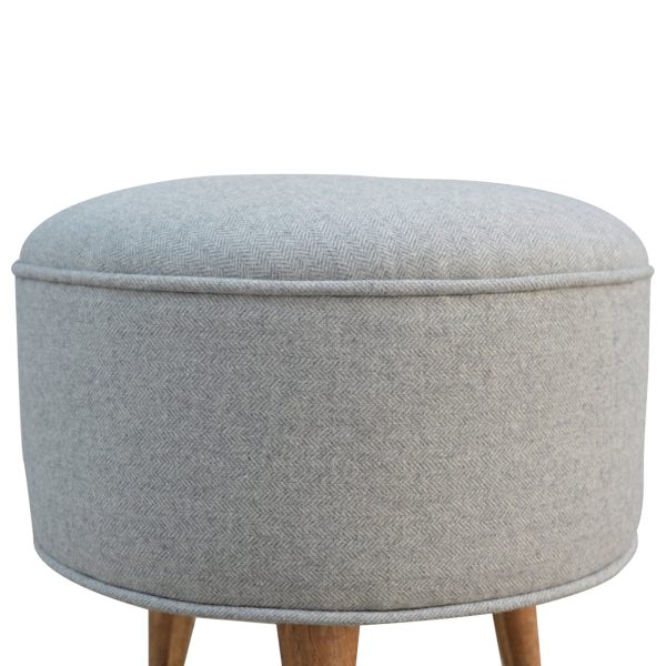 Solid Mango Wood Scandinavian Style Grey Tweed Round Footstool - Image 2