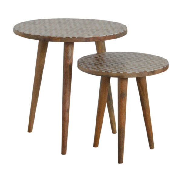 Solid Mango Wood Oak Finished White Pattern Set of 2 Foot Stools - Image 3