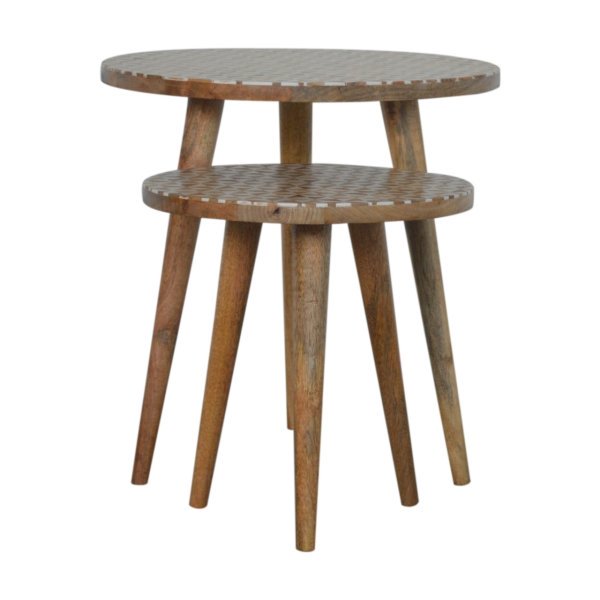 Solid Mango Wood Oak Finished White Pattern Set of 2 Foot Stools - Image 8