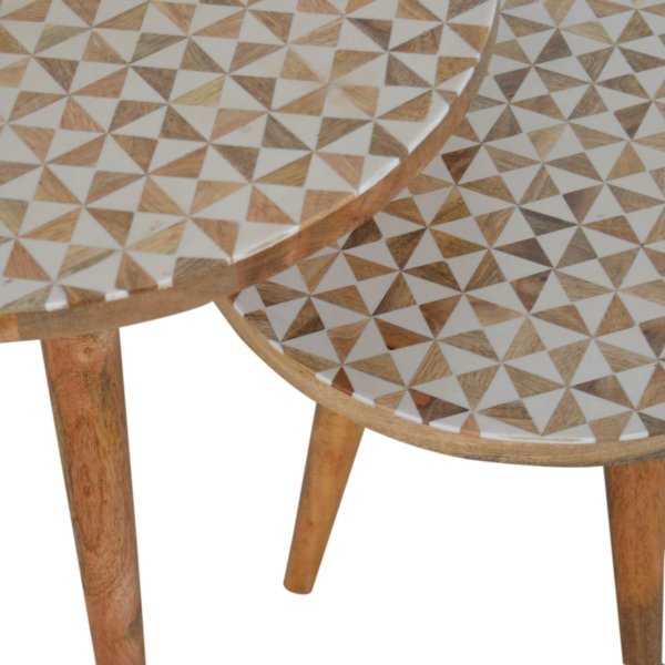 Solid Mango Wood Oak Finished White Pattern Set of 2 Foot Stools - Image 7