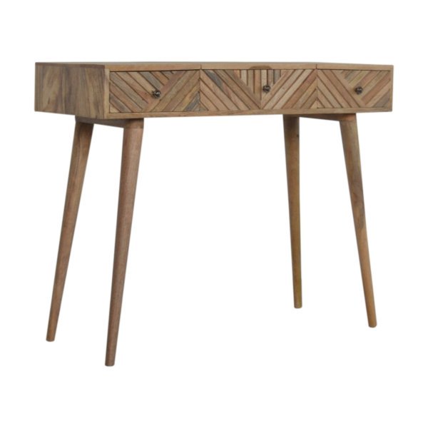 Solid Mango Wood Oak Finished 3 Drawer 1 Hidden Mirror Line Carved Foldable Dressing Table - Image 2
