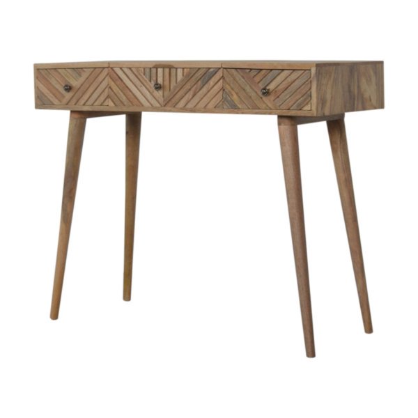 Solid Mango Wood Oak Finished 3 Drawer 1 Hidden Mirror Line Carved Foldable Dressing Table - Image 3