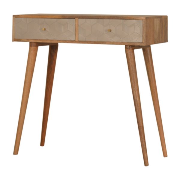 Solid Mango Wood Oak Finished 2 Drawer Champagne Hand Painted Acadia Console Table - Image 2