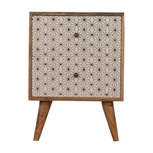 Solid Mango Wood Oak Finished Prima Geometric Screenprint Front 2 Drawer Bedside