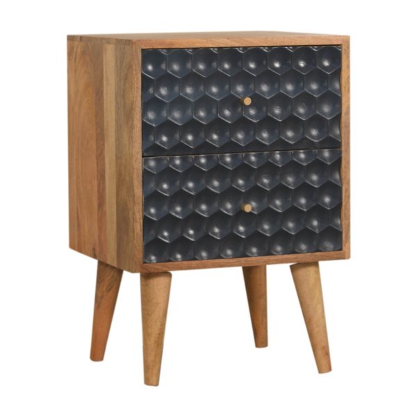 Solid Mango Wood Oak Finished 2 Drawer Black Painted Honeycomb Bedside - Image 3