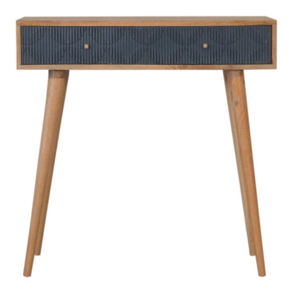 Solid Mango Wood Oak Finished 2 Drawer Milan Hand Painted Navy Ribbed Console Table