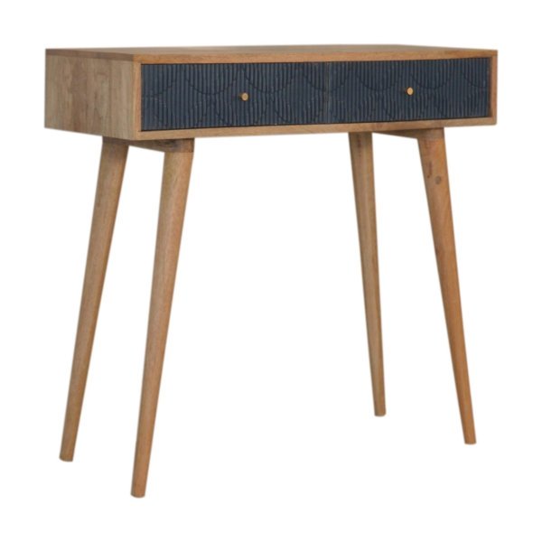 Solid Mango Wood Oak Finished 2 Drawer Milan Hand Painted Navy Ribbed Console Table - Image 3