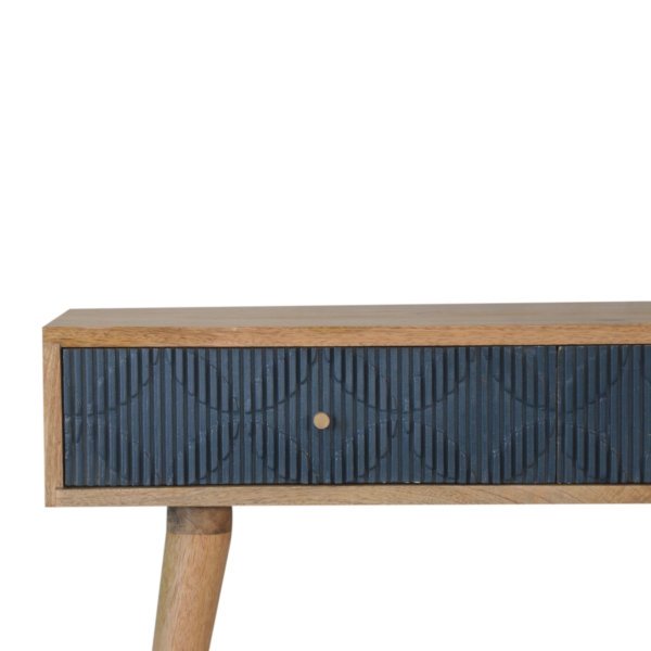 Solid Mango Wood Oak Finished 2 Drawer Milan Hand Painted Navy Ribbed Console Table - Image 4