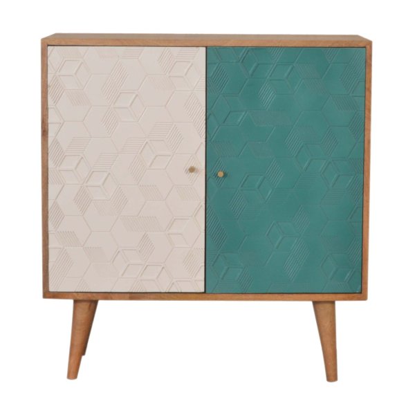 Solid Mango Wood Oak Finished 2 Door Acadia Hand Painted Teal and White Cabinet