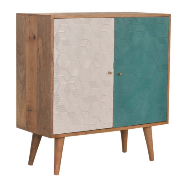 Solid Mango Wood Oak Finished 2 Door Acadia Hand Painted Teal and White Cabinet - Image 2