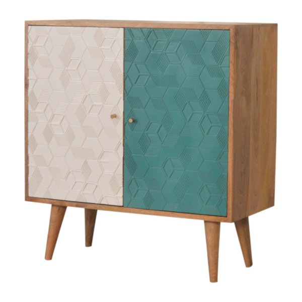 Solid Mango Wood Oak Finished 2 Door Acadia Hand Painted Teal and White Cabinet - Image 3