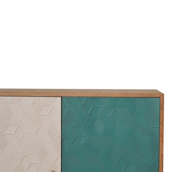 Solid Mango Wood Oak Finished 2 Door Acadia Hand Painted Teal and White Cabinet - Image 4