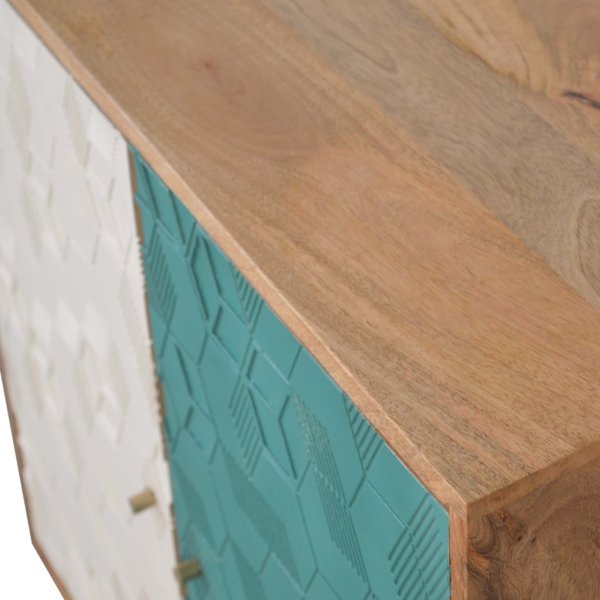 Solid Mango Wood Oak Finished 2 Door Acadia Hand Painted Teal and White Cabinet - Image 5