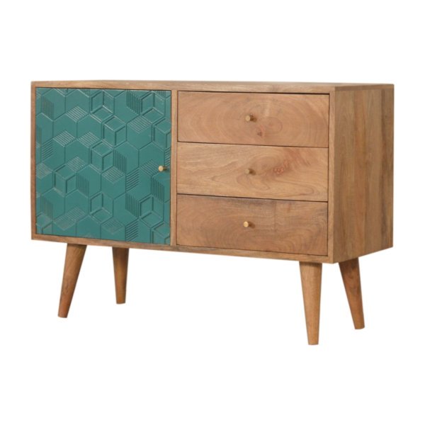Solid Mango Wood Oak Finished 3 Drawer 1 Cabinet Acadia Hand Painted Teal Sideboard - Image 2