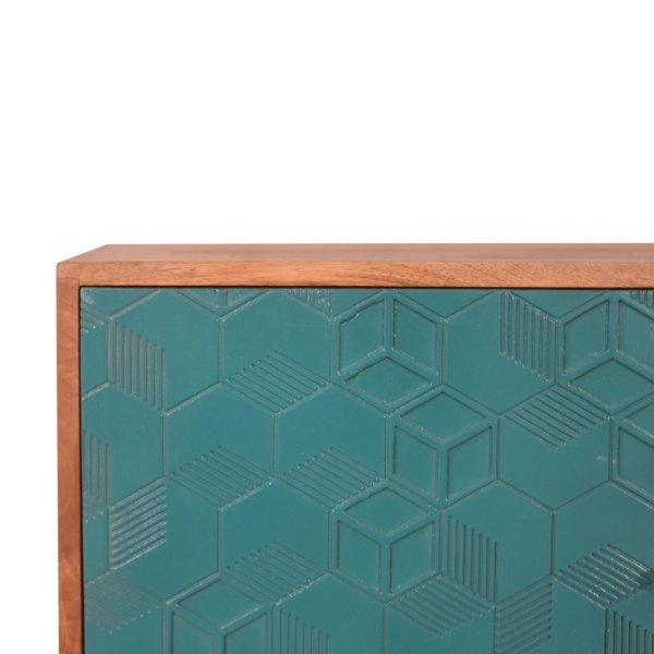 Solid Mango Wood Oak Finished 3 Drawer 1 Cabinet Acadia Hand Painted Teal Sideboard - Image 4