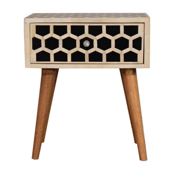 Solid Mango Wood Natural Finish 1 Drawer Honeycomb Bone Inlay Bedside