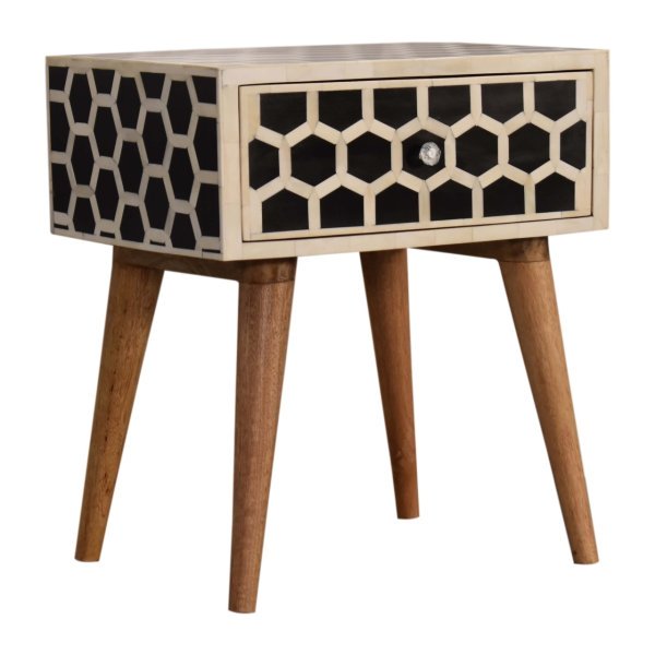 Solid Mango Wood Natural Finish 1 Drawer Honeycomb Bone Inlay Bedside - Image 2